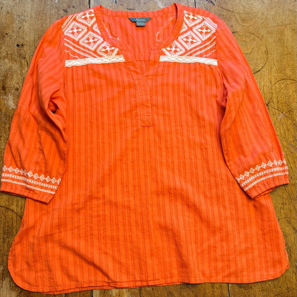 NWOT. Natural Reflections cotton blend coral tunic with embroidery, women’s XL